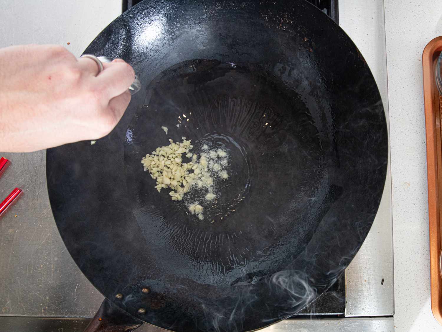 Garlic frying in wok