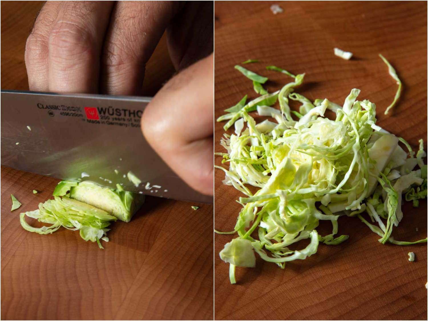 A two-photo collage showing Brussels sprouts being cut into thin slivers with a chef's knife, then the second photo shows the pile of thinly sliced sprouts on the cutting board.