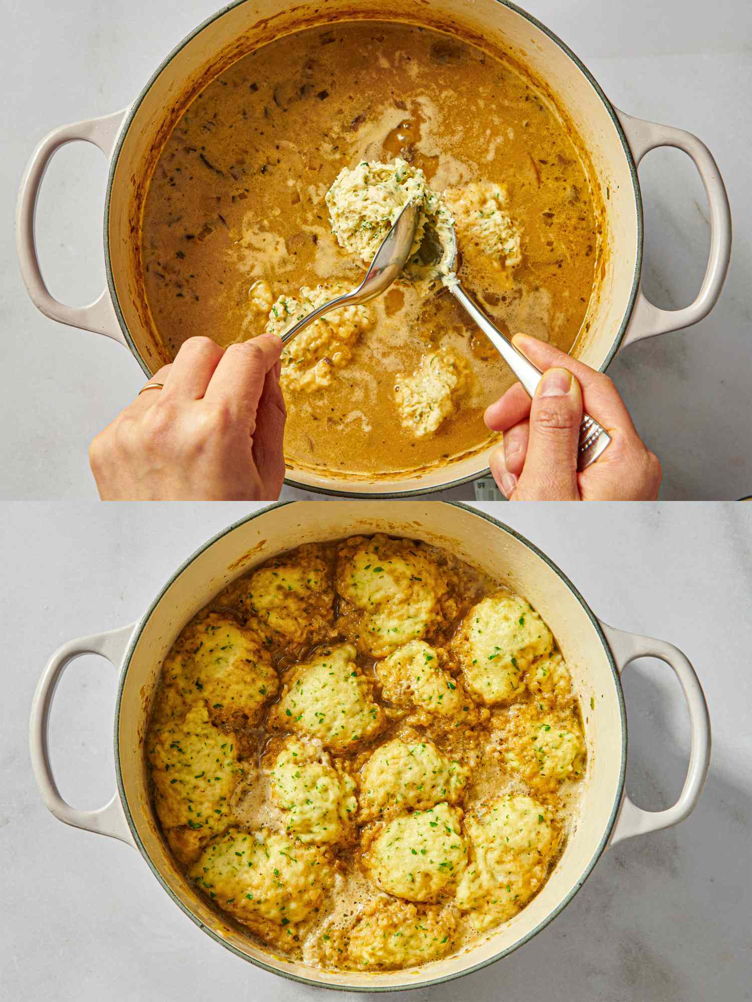 Cooking process of dumplings in a pot of soup showing adding dough and the final cooked result