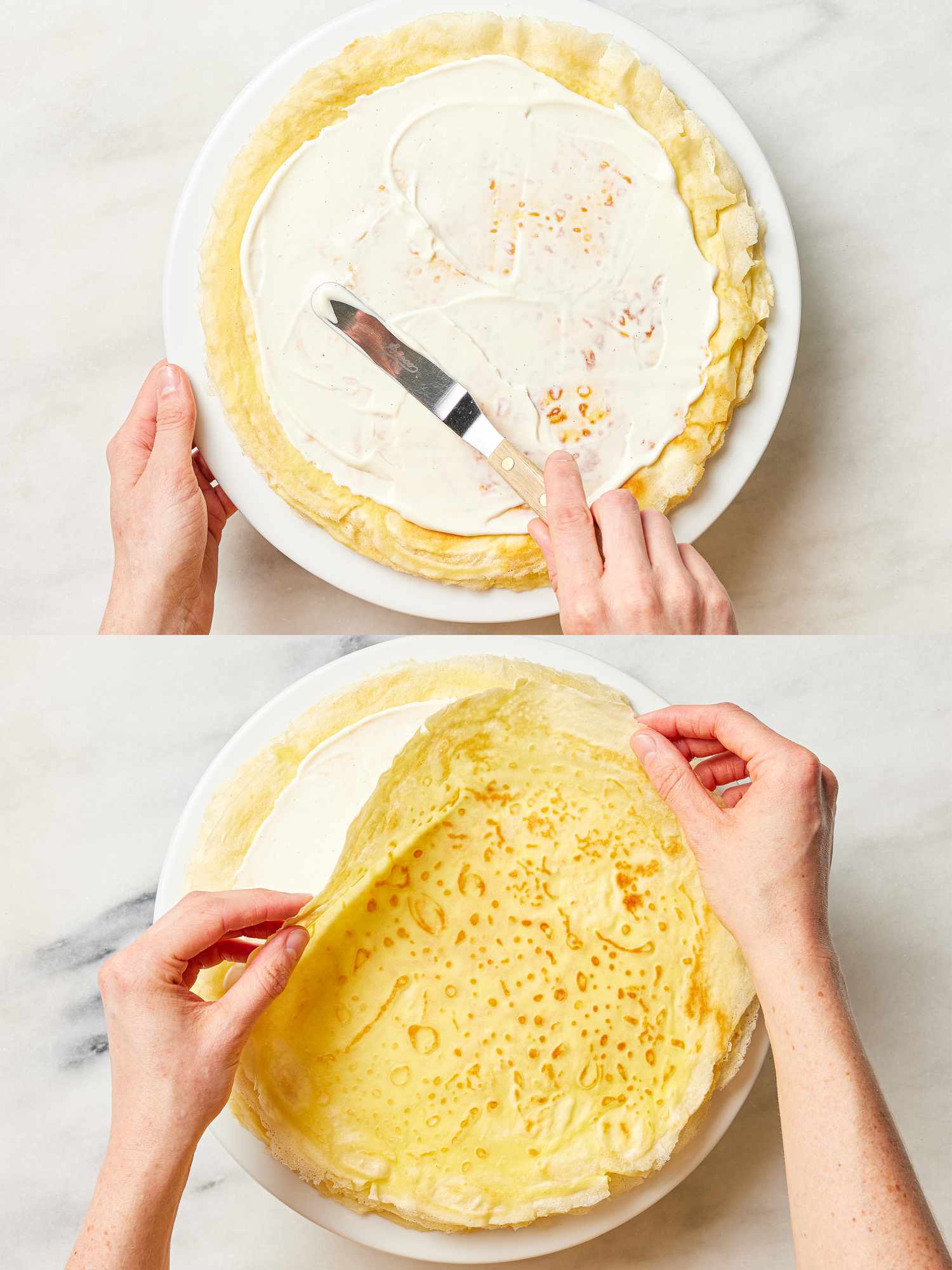 Two image collage of assembling crepe cake