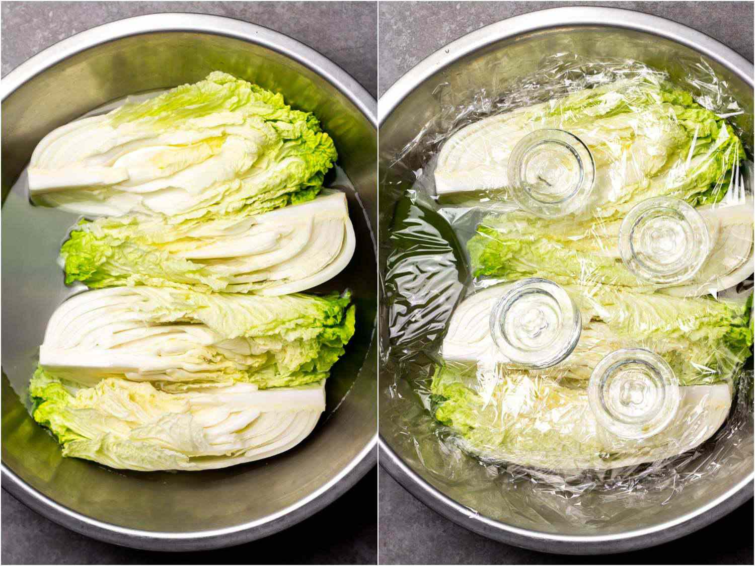 collage: four quarters of napa cabbage in a bowl with a brining mixture; plastic wrap and weights added on top to keep cabbage submerged