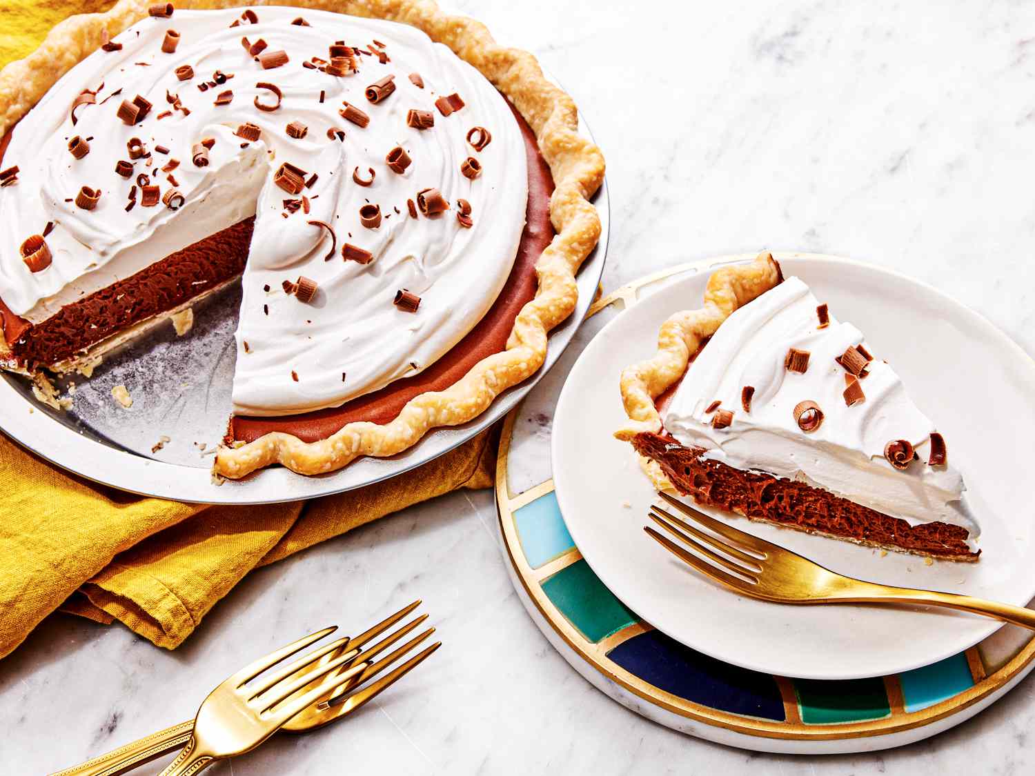 Overhead view of Chocolate French Silk Pie with a slice removed