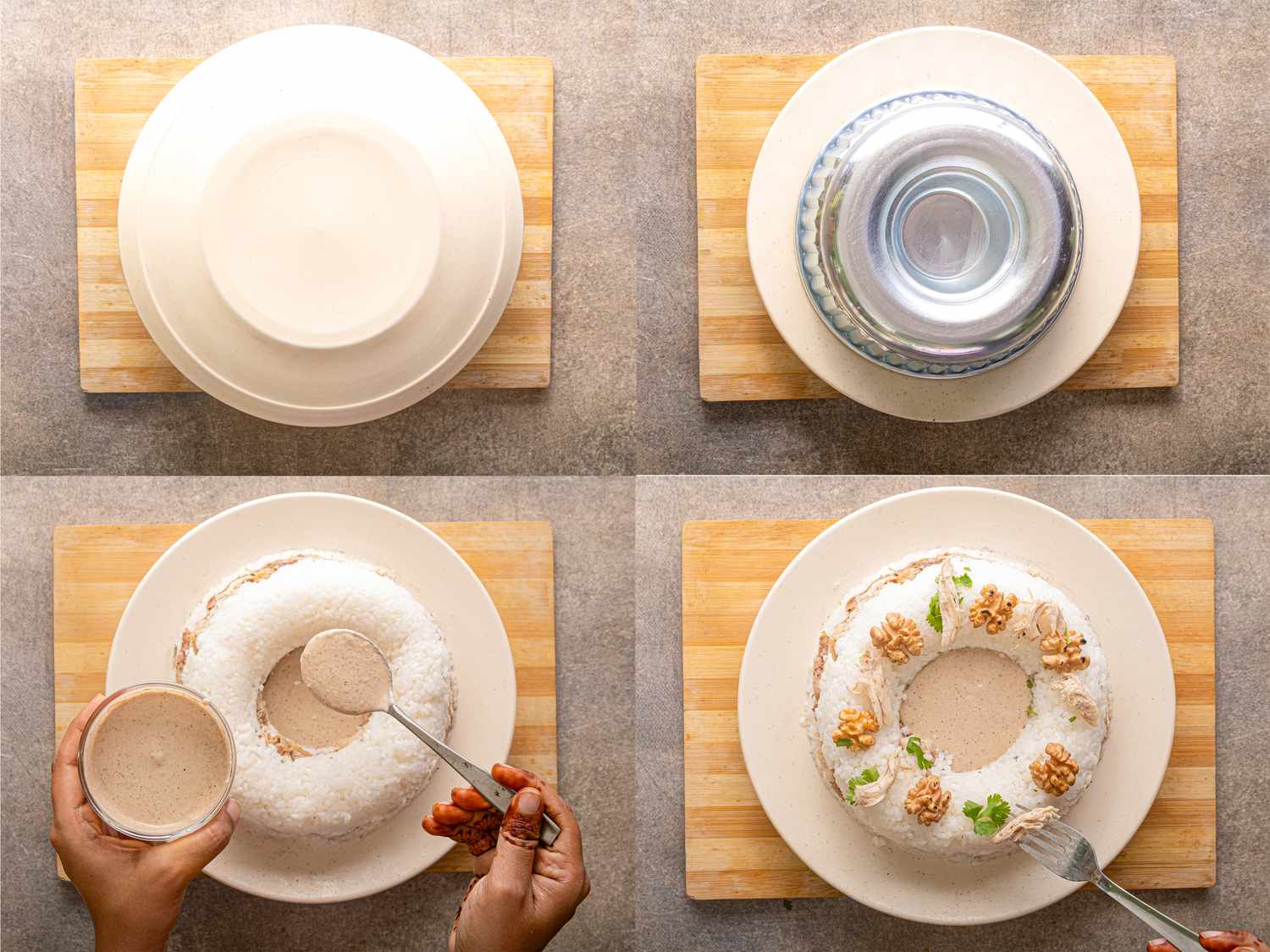 Stepbystep cake decoration with coconut sauce and garnish