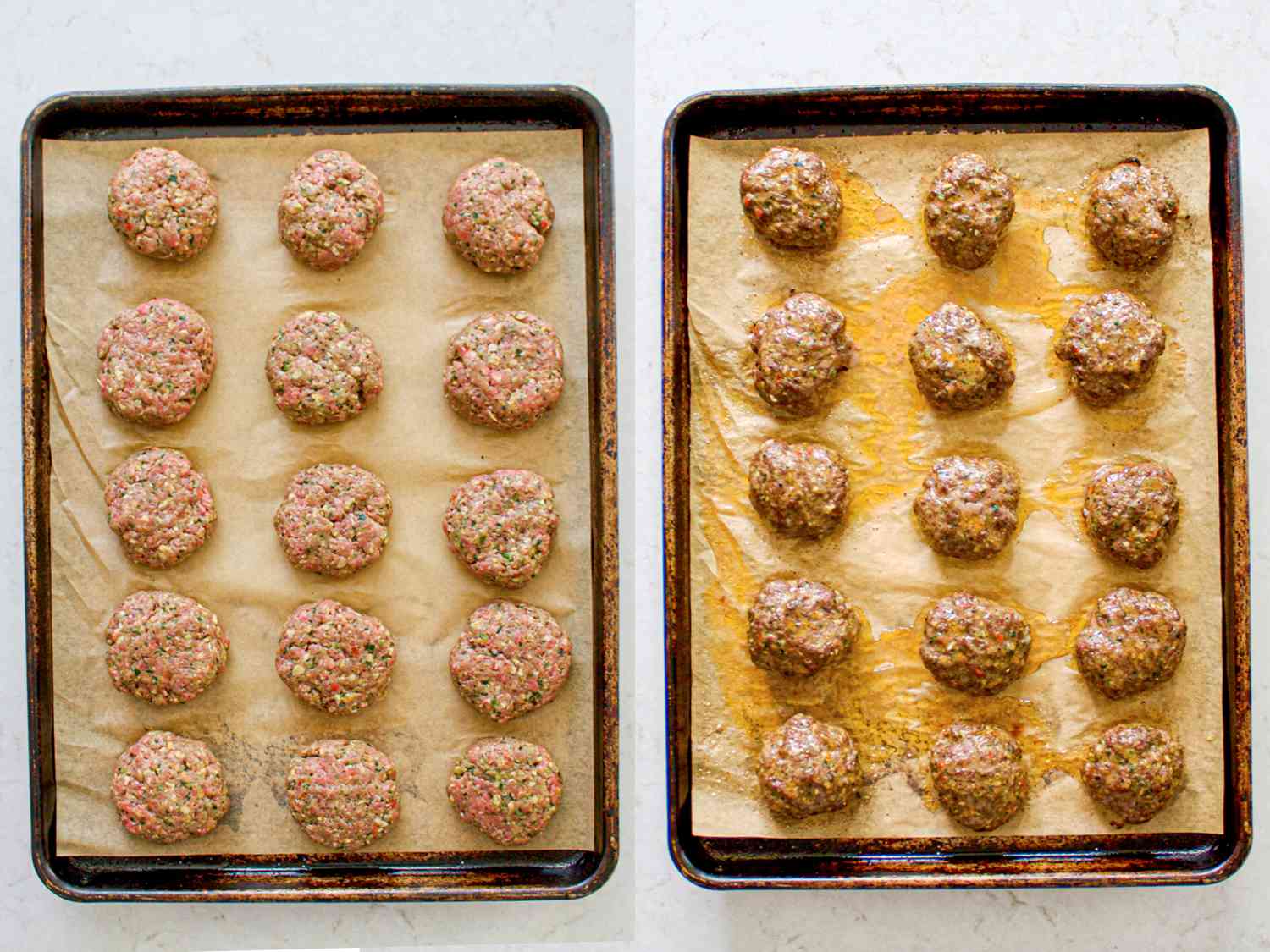 Side by side images of the meat patties before and after being cooked