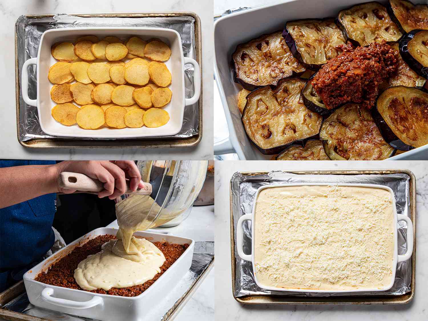 Four image collage. Top Left: Potatoes lining the bottom of a baking tray. Top Right: meat sauce added to the second layer of fried eggplants. Bottom Left: Adding bÃ©chamel sauce layer to sheet. Bottom Right: moussaka topped with cheese on a baking tray. 