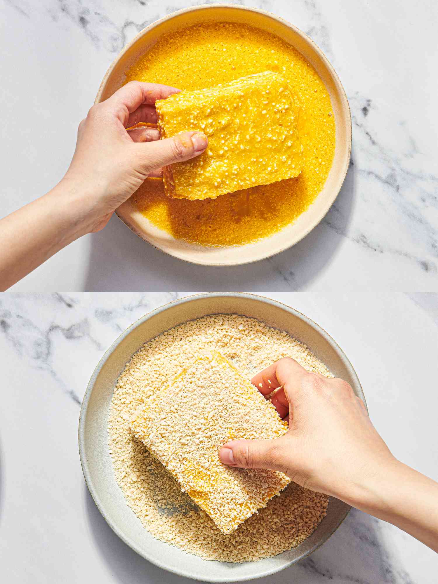 Two image collage of dipping sandwich in egg mixture then breadcrumb mxiture