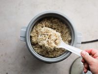 A spoonful of brown rice from the Zojirushi 3-cup rice cooker