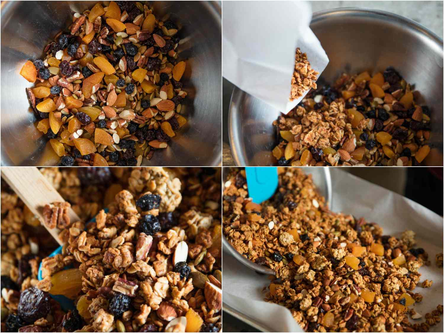 A 4-image collage of adding baked oats to a bowl of mix-ins containing dried fruit and seeds, and transferring the mixture to cool in a baking tray on an even layer. 