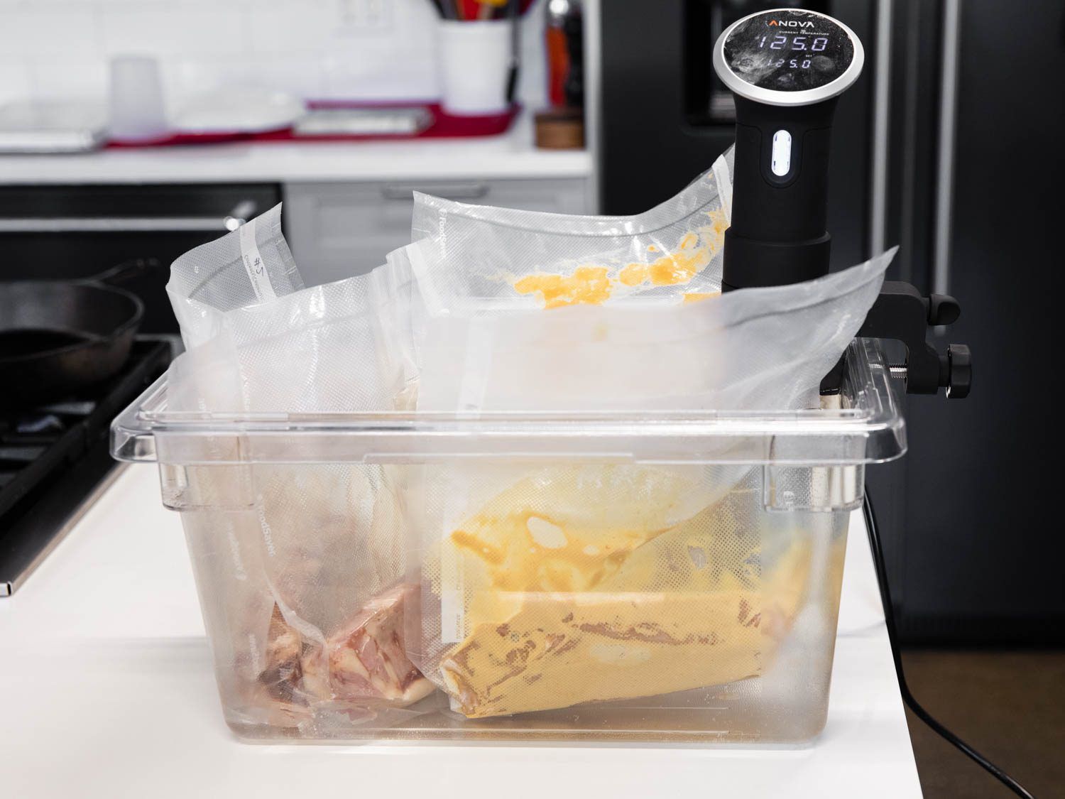 Side view of sous vide bath set to 125 degrees Fahrenheit with four bagged strip steaks immersed in water