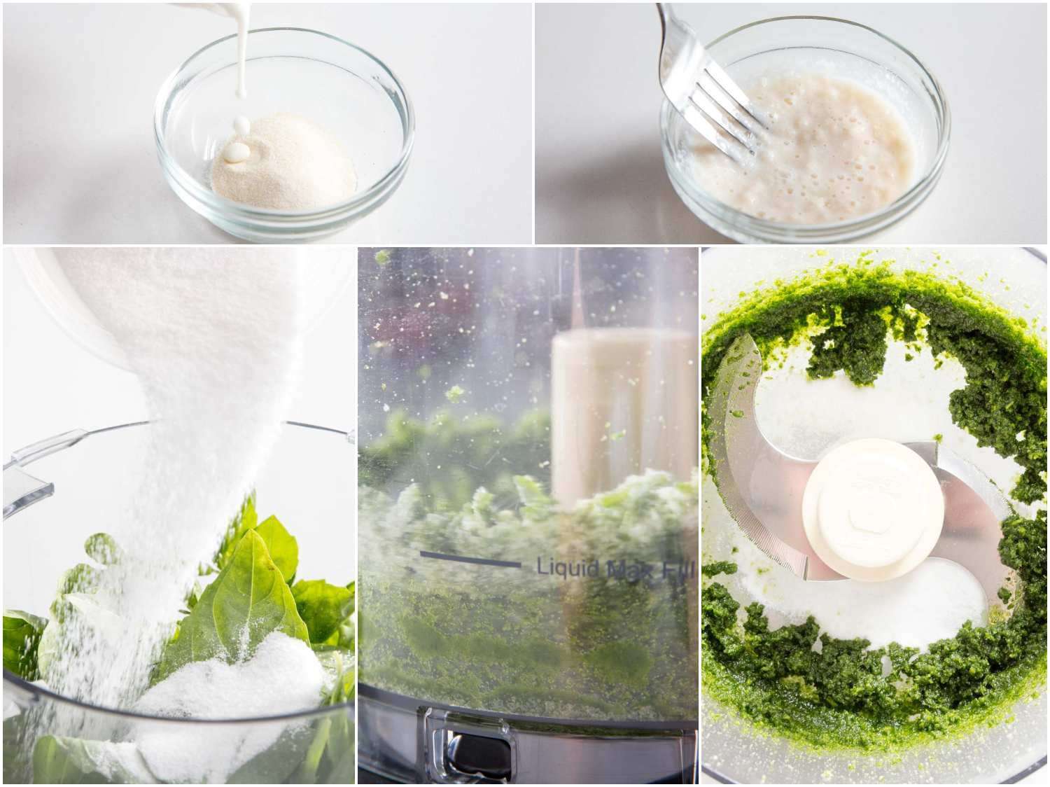A five-image collage: The top left image shows milk pouring into a bowl of gelatin. The top right image shows combining the mixture with a fork. The bottom left image shows adding sugar to a bowl of basil. The bottom middle image shows blitzing the mixture in a food processor until smooth. The bottom right image shows top view of the mixture. 