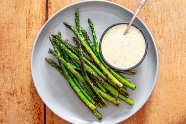 Overhead view of asparagus on a plate 