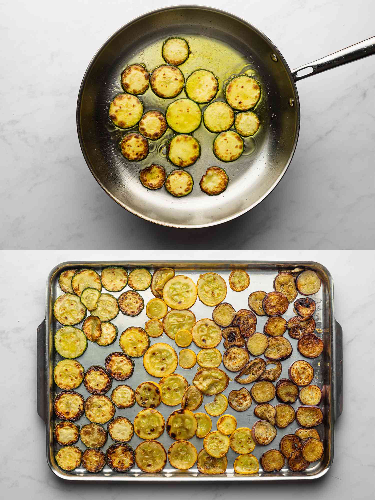 Tender zucchini browned in spots inside large skillet over high heat, and Lightly browned zucchini, squash, and eggplant transferred to baking sheet and spread in an even layer