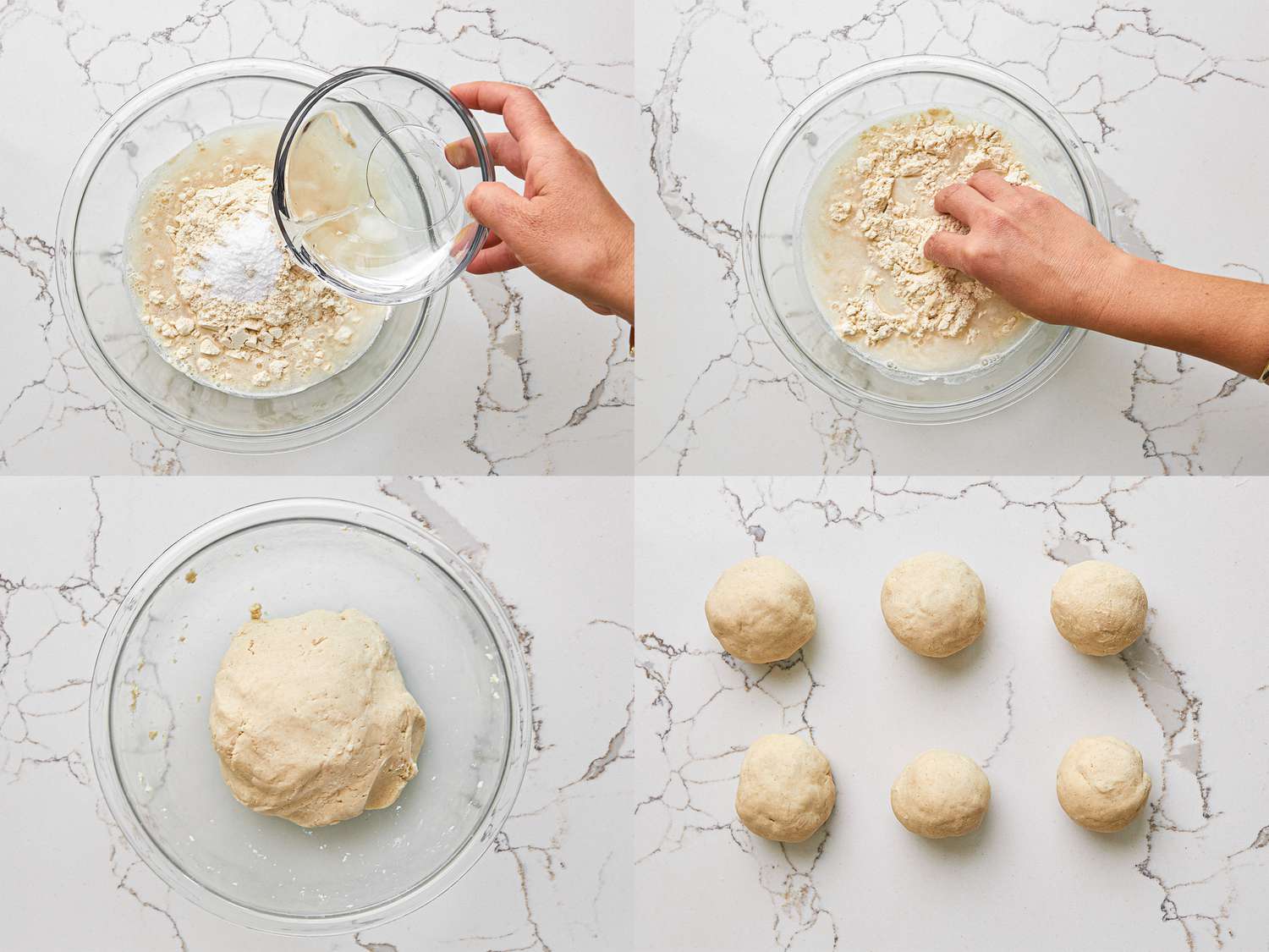 Collage of mixing masa dough and portioning into 6 balls.