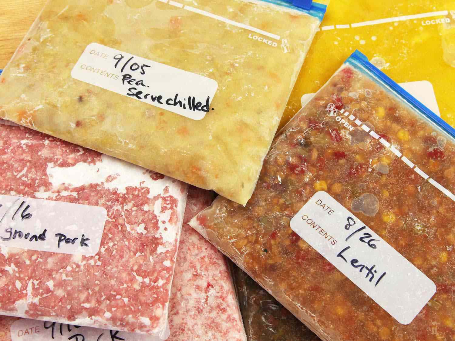 Various food items frozen flat in labeled, dated zipper-lock bags, including ground pork, lentil soup, and pea soup