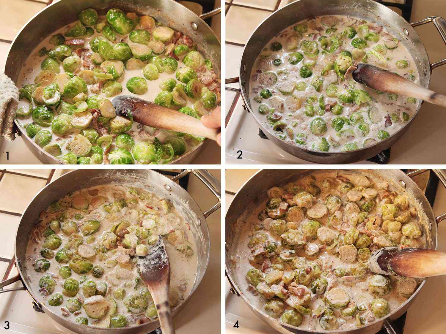 Collage of cream and Brussels sprouts reducing to form a cohesive sauce