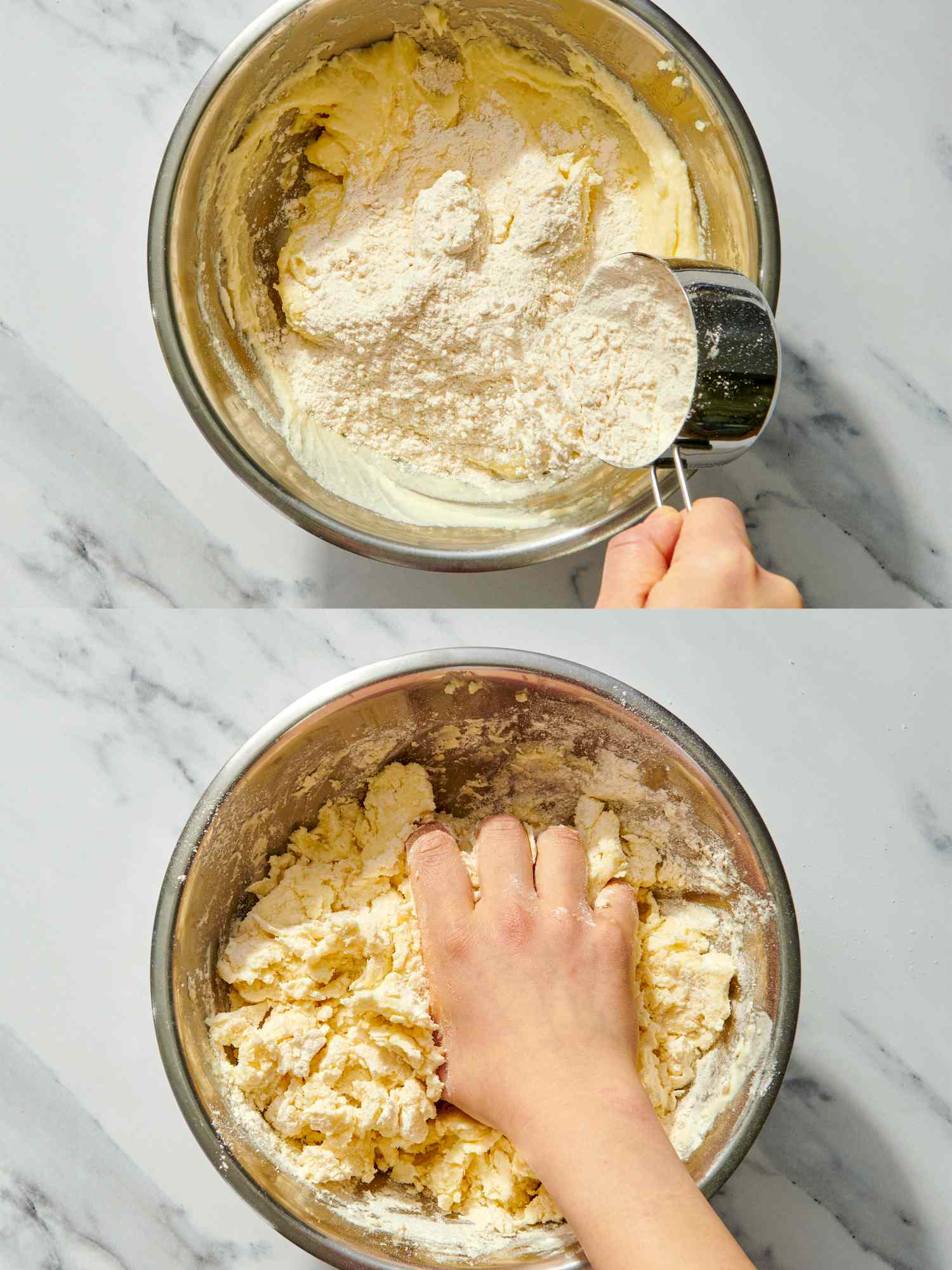 Two images showing the process of mixing dough in a bowl using a measuring cup to add flour and a hand incorporating ingredients