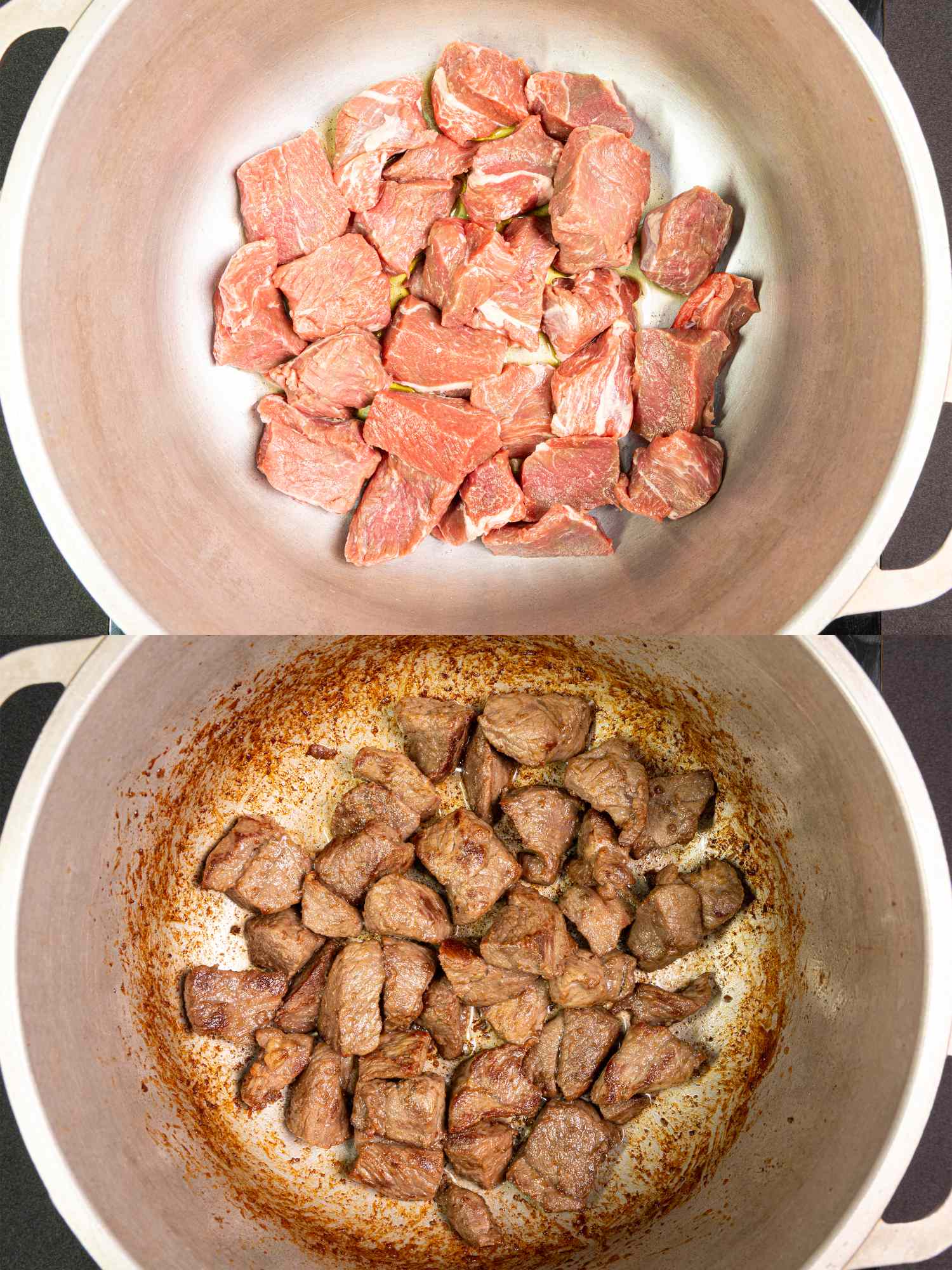 Two stages of preparing a stew showing raw diced meat and browned meat in a pot