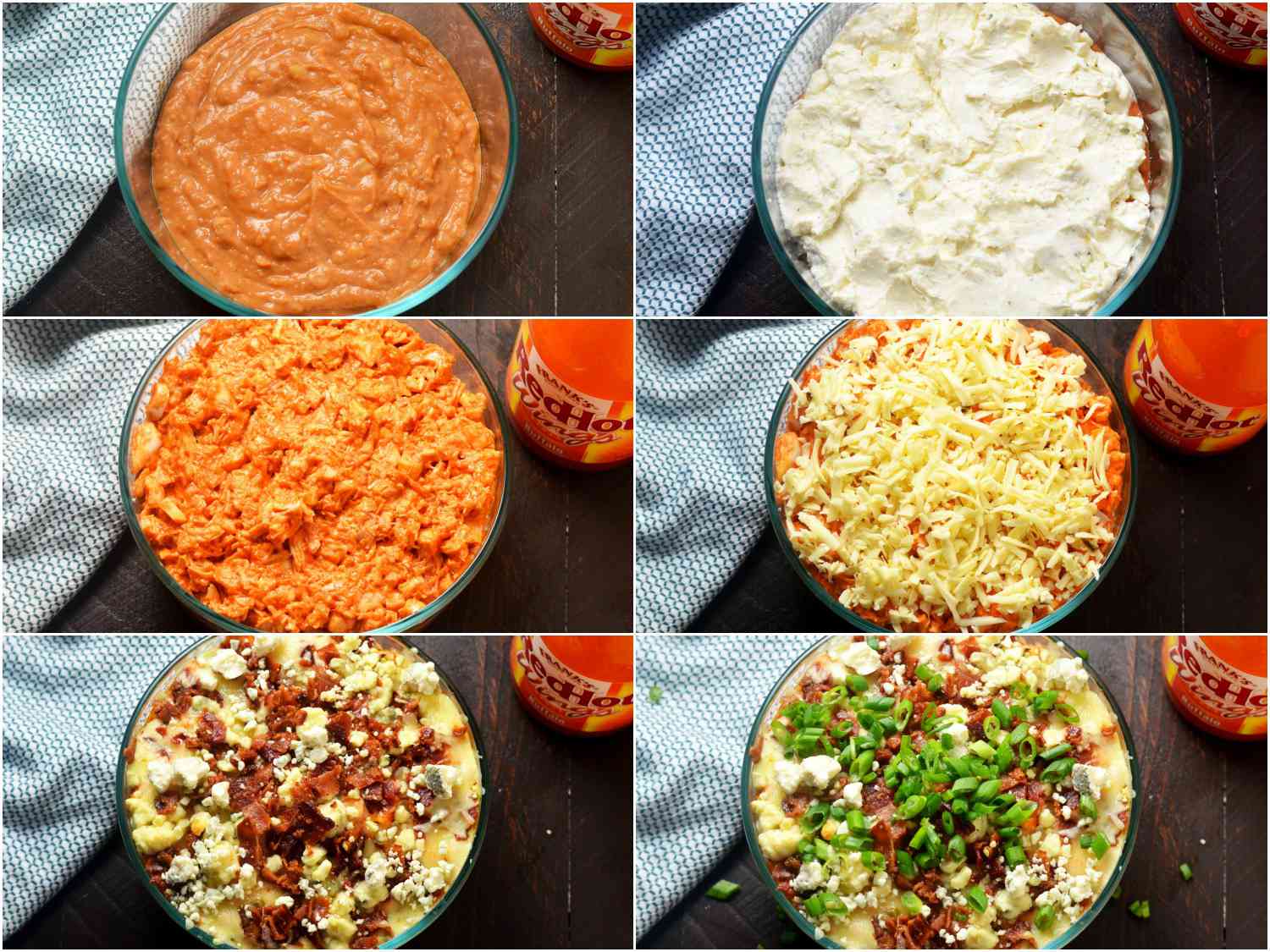 Collage of assembling each layer of dip in a round, oven-safe glass bowl.