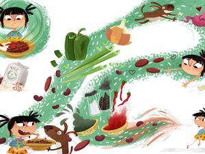 A fanciful illustration of a child's impressions and meandering thought-process as they consider the ingredients for red beans and rice.