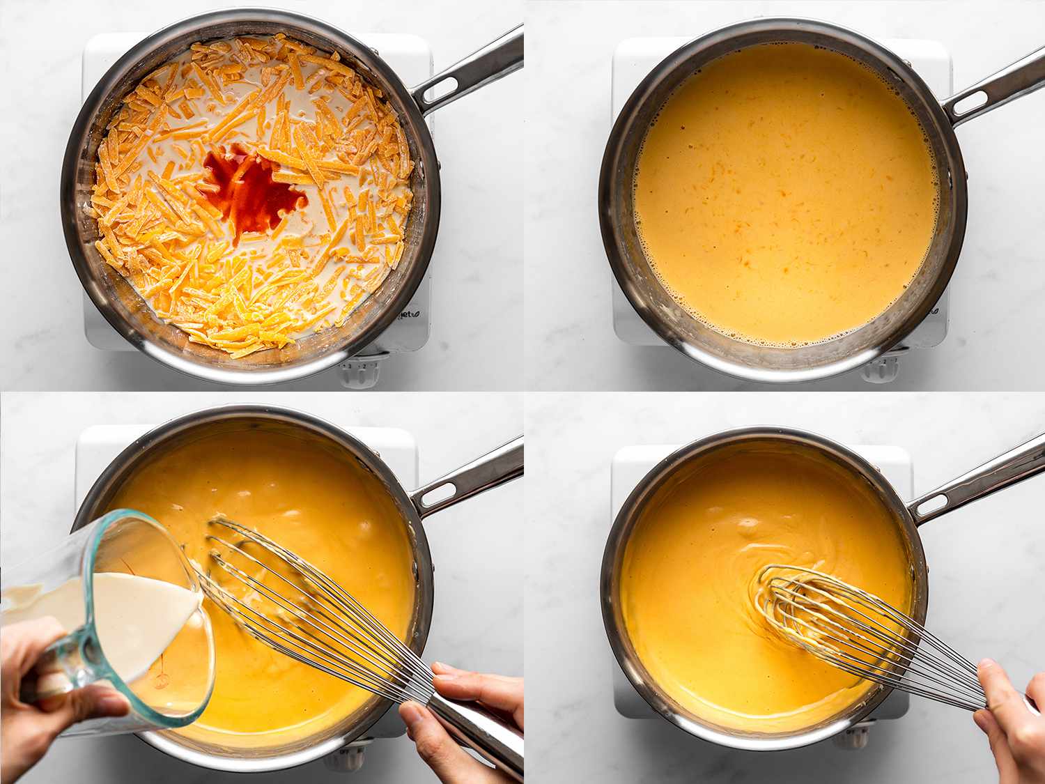 A four-image collage showing the cheese sauce being mixed and emulsified in a saucepan.