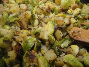 Brussels sprouts and potato hash in a skillet. 