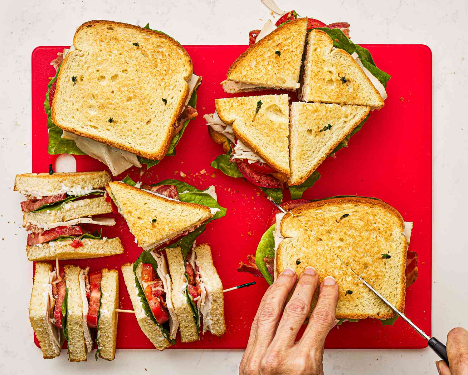 Overhead view of cutting sandwiches
