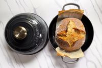 an overhead view of bread in a bread oven