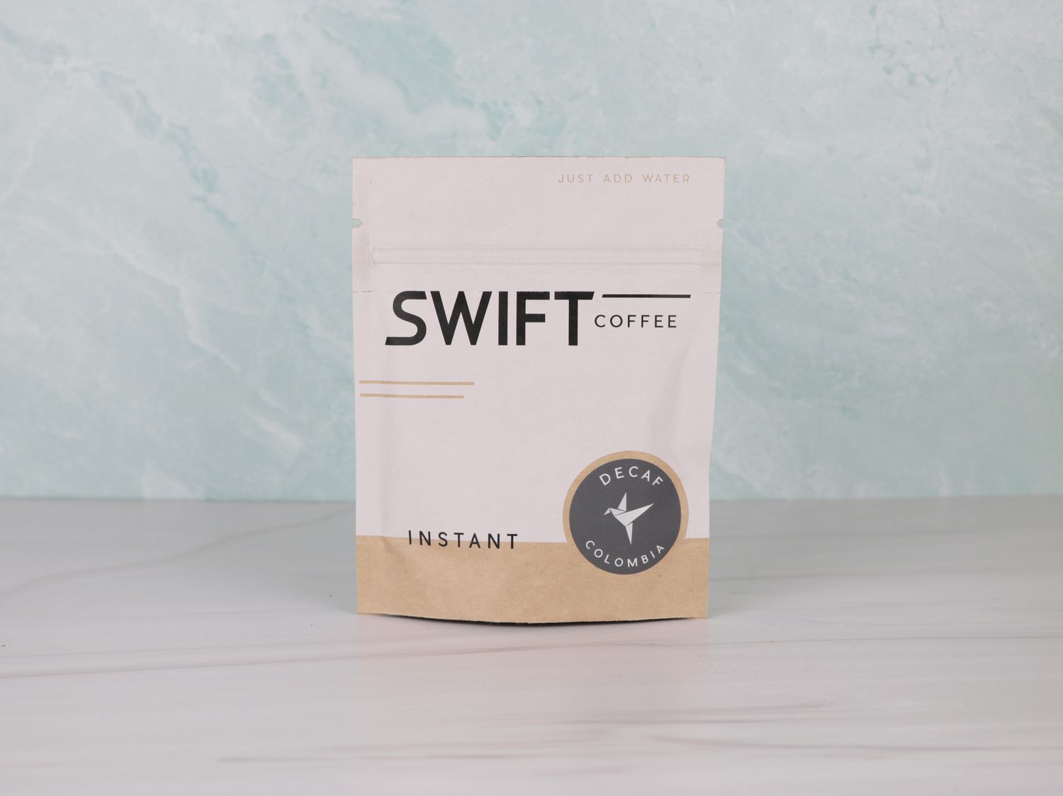 a package of Swift Decaf Colombia instant coffee