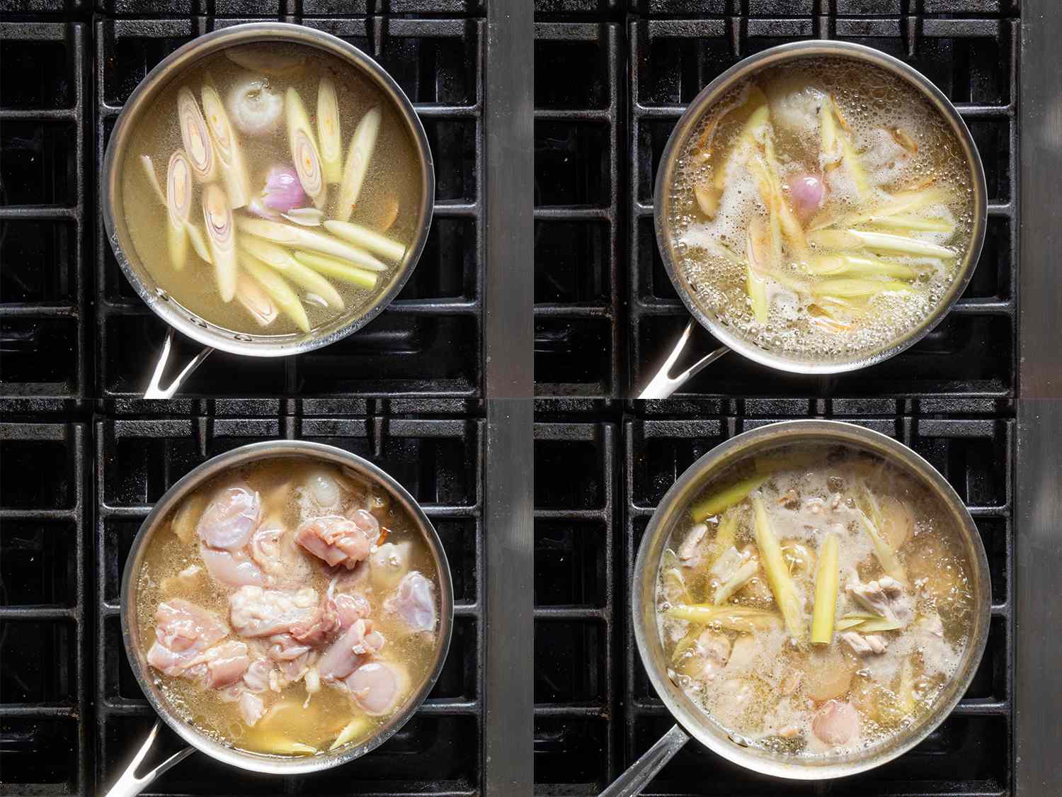 a four image Collage of chicken stock, galangal, lemongrass, shallots, and 1 tablespoon fish sauce being brought to a boil, then chicken pieces being added and brought to a boil