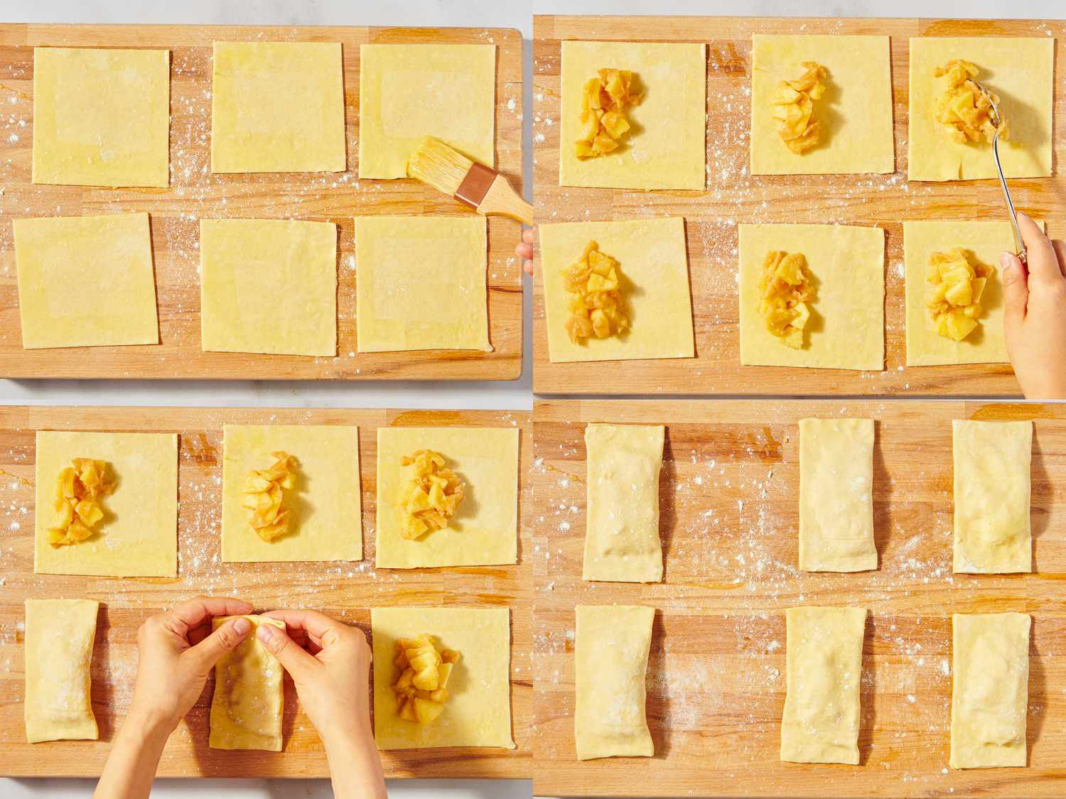 Stepbystep process of preparing apple hand pies shown on a wooden surface from adding apple filling to folding and sealing pastry