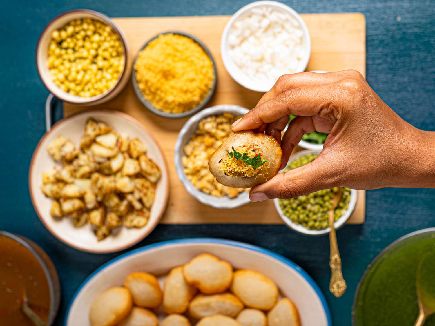 Overhead view of assembled pani puri