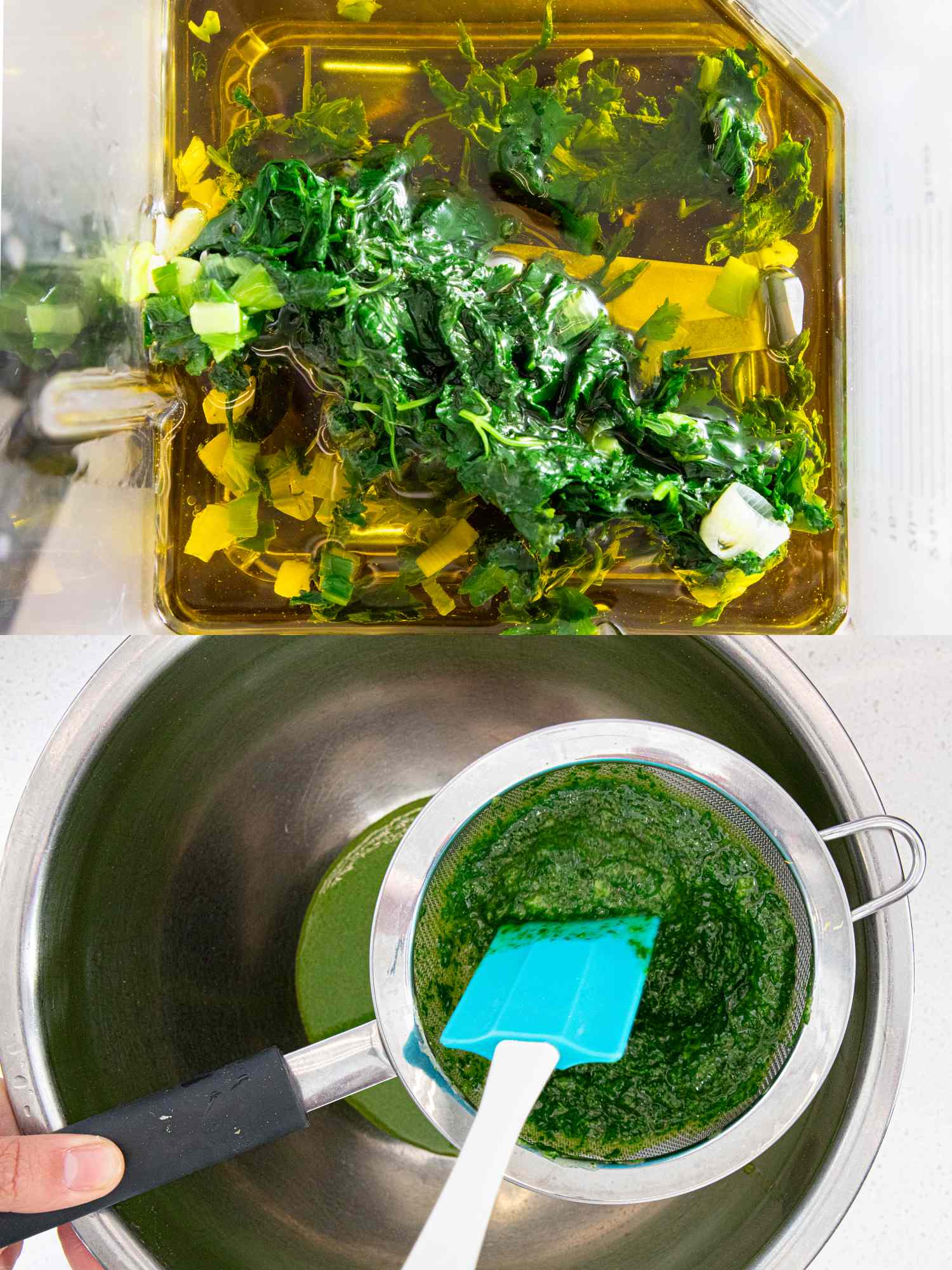 Preparation of a green herb and oil mixture and its straining process