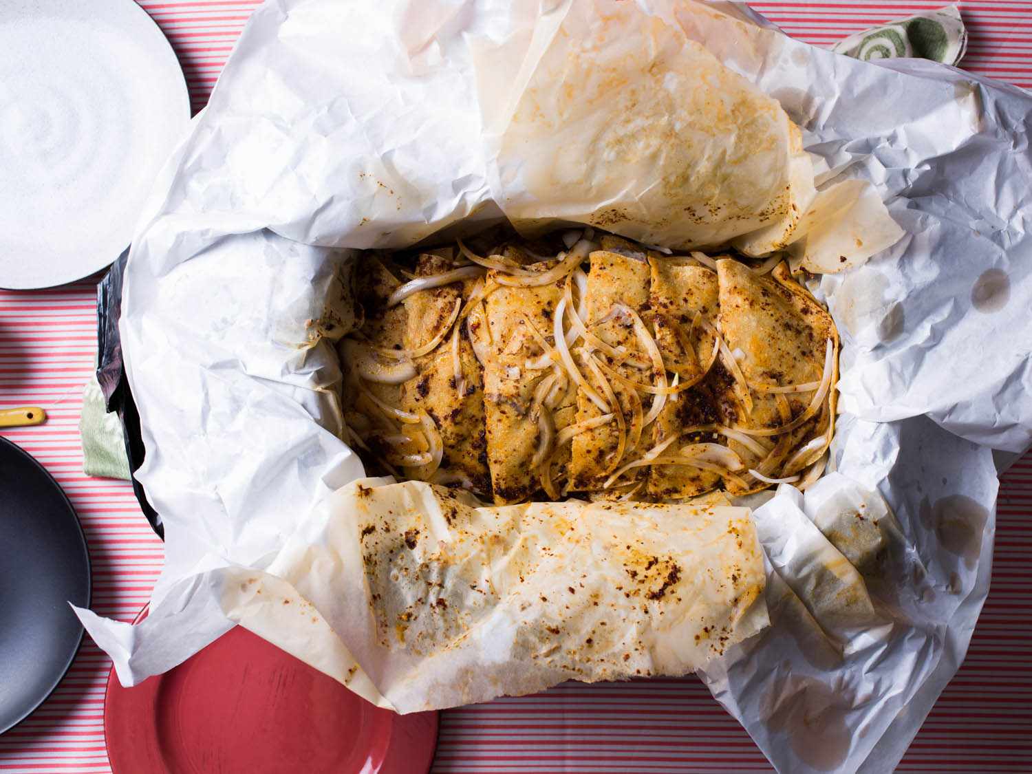 Overhead shot of canasta tacos unwrapped