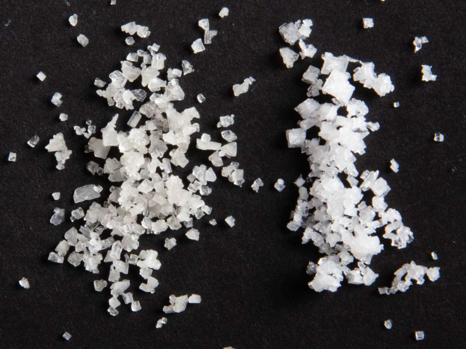 Comparison close up of sel gris on the left and fleur de sel on the right.