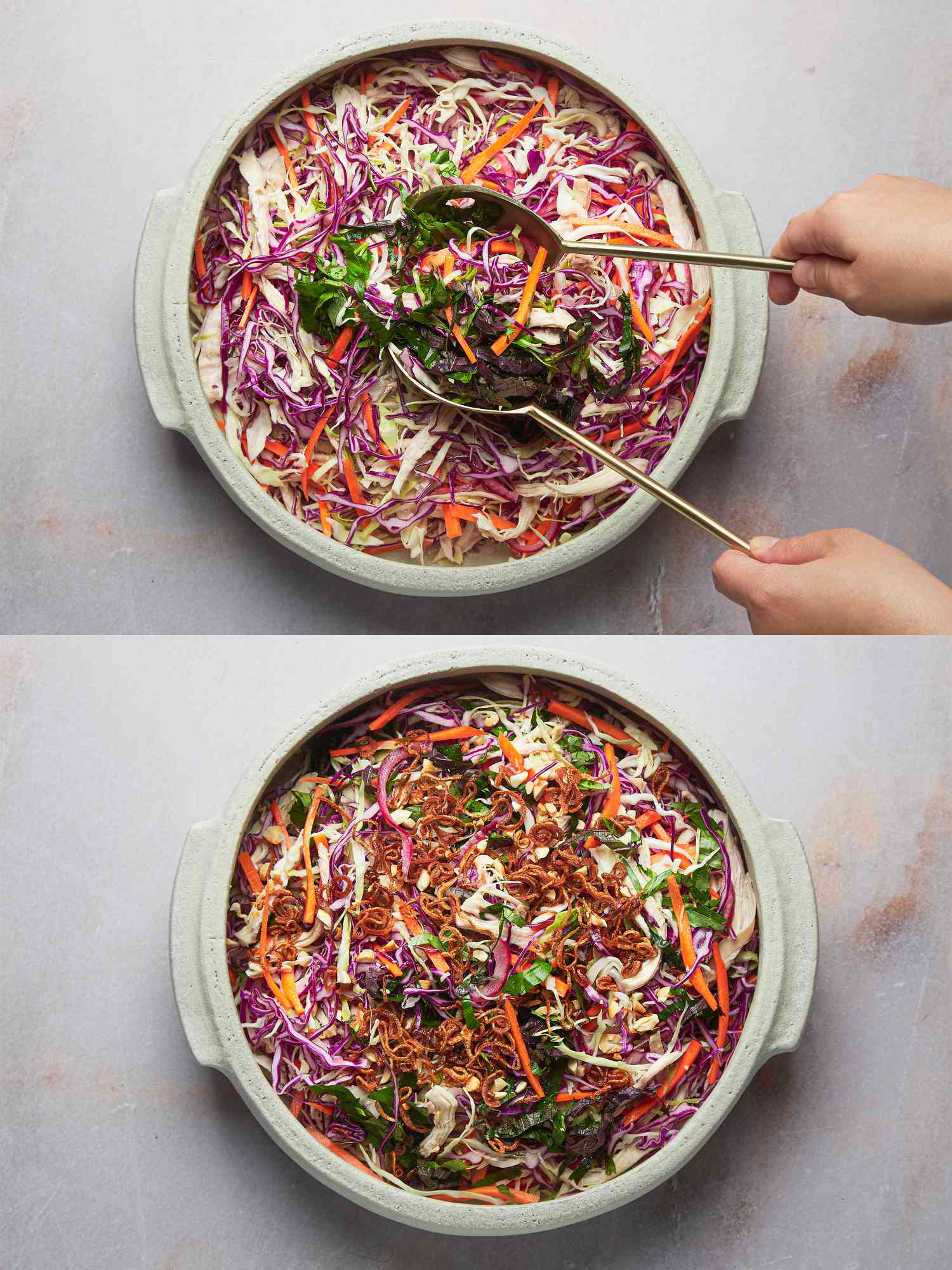 Two image collage of adding coriander and fried shallots