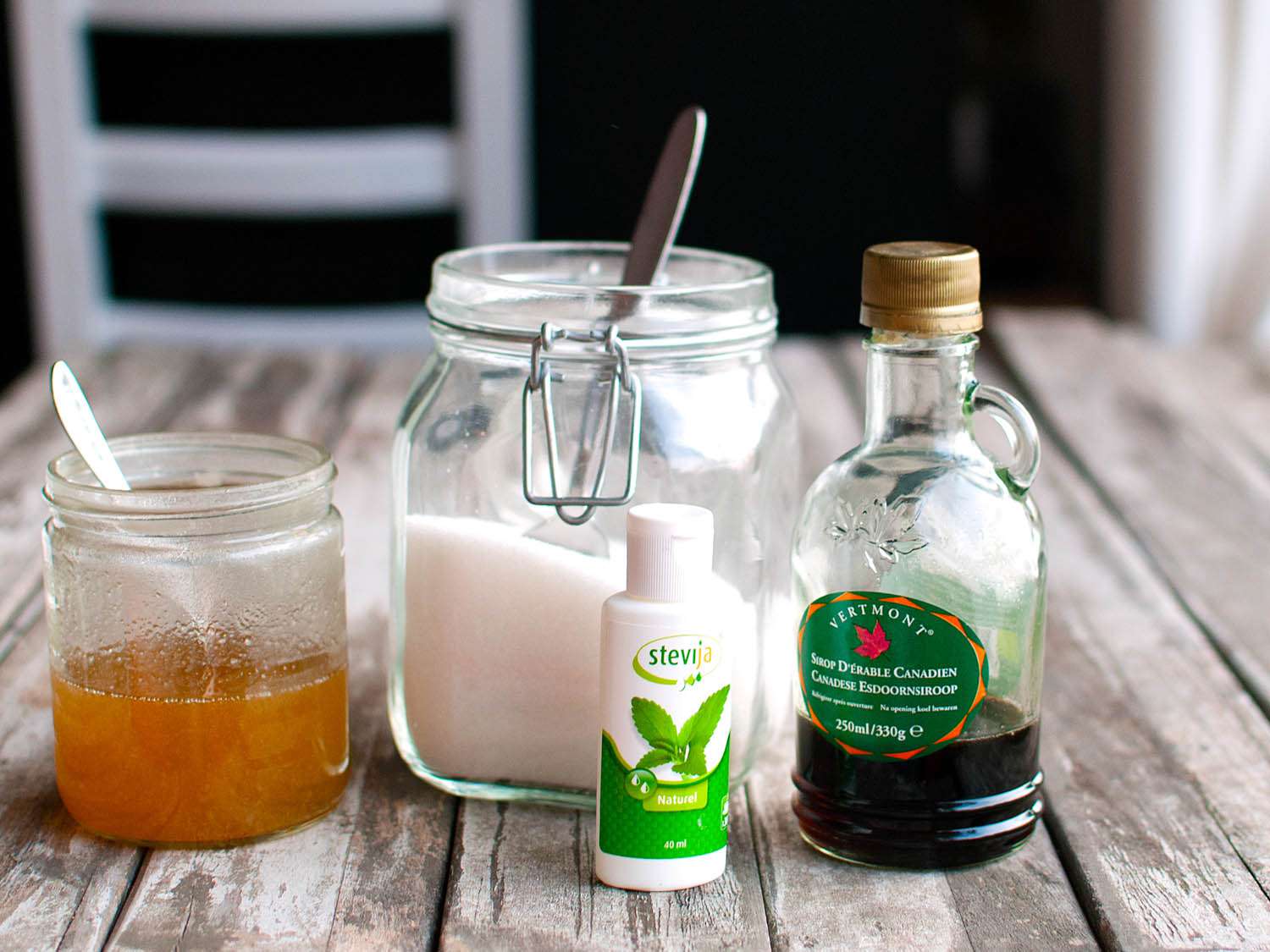 Honey, sugar, stevia sweetener and maple syrup, all sweetening options for fruit mousse