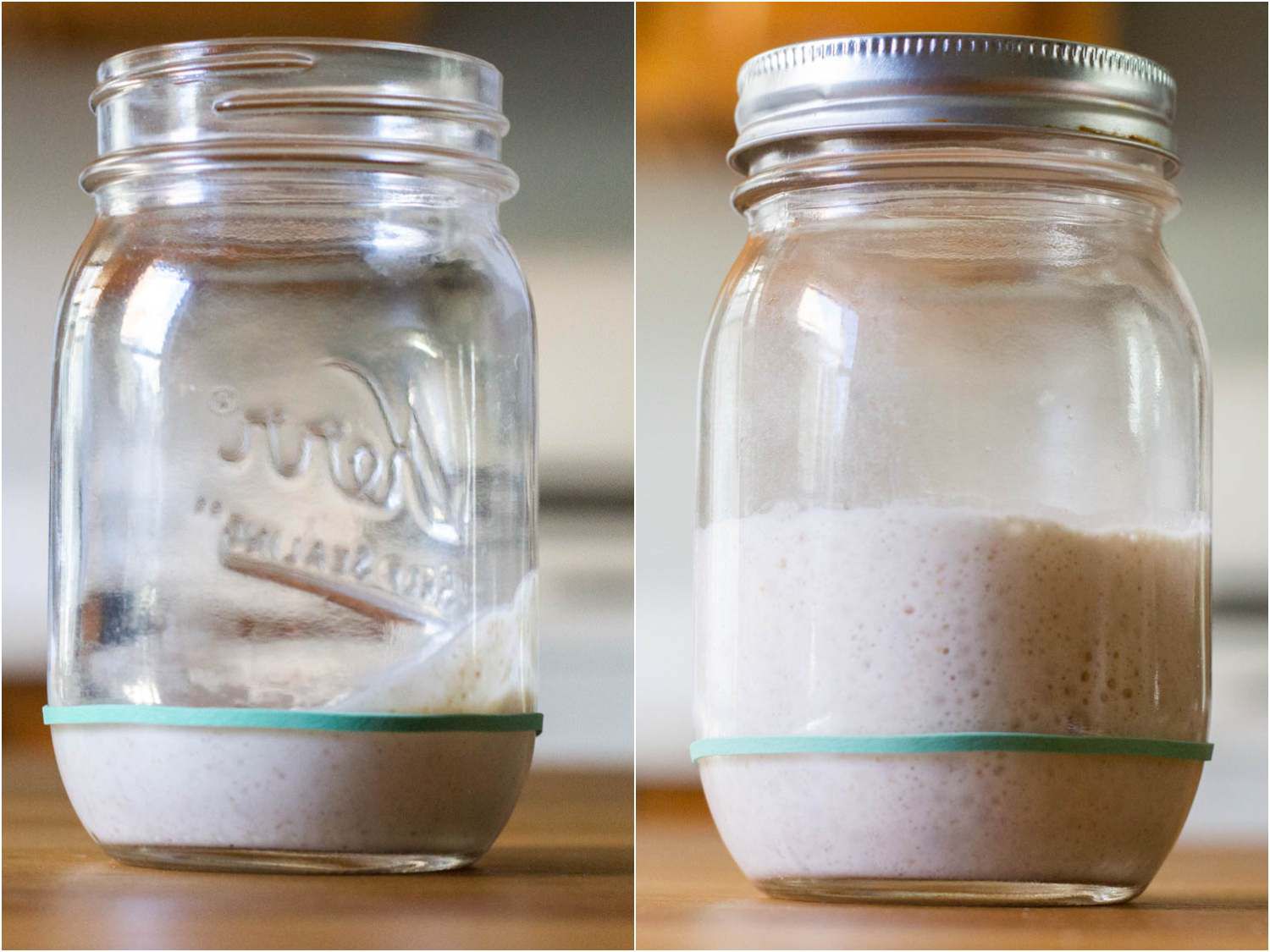 Collage of before and after mixing flour, water, and starter to create a levain for sourdough bread. The mixture rises after some time in the jar.