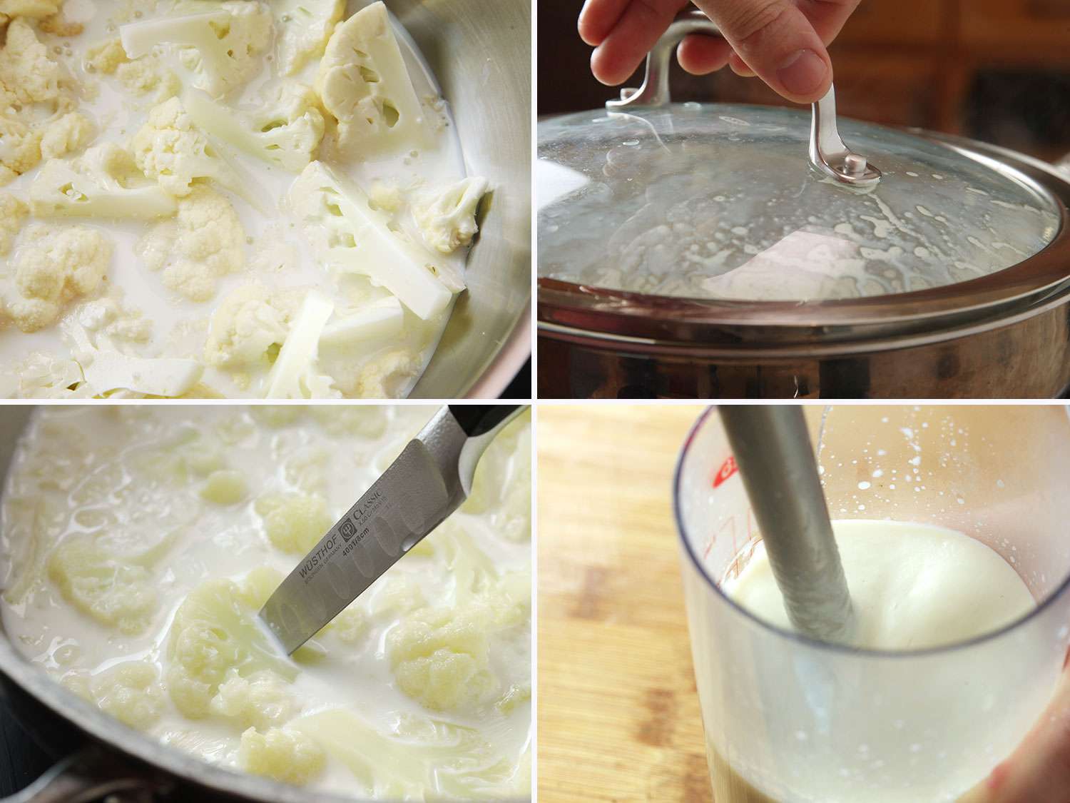 A photo collage: the first is steaming cauliflower in vegan milk. The second is a hand opening a lidded pot with condensation. The third is checking the steamed cauliflower for doneness by inserting a knife. The fourth is using an immersion blender to puree the cauliflower. 