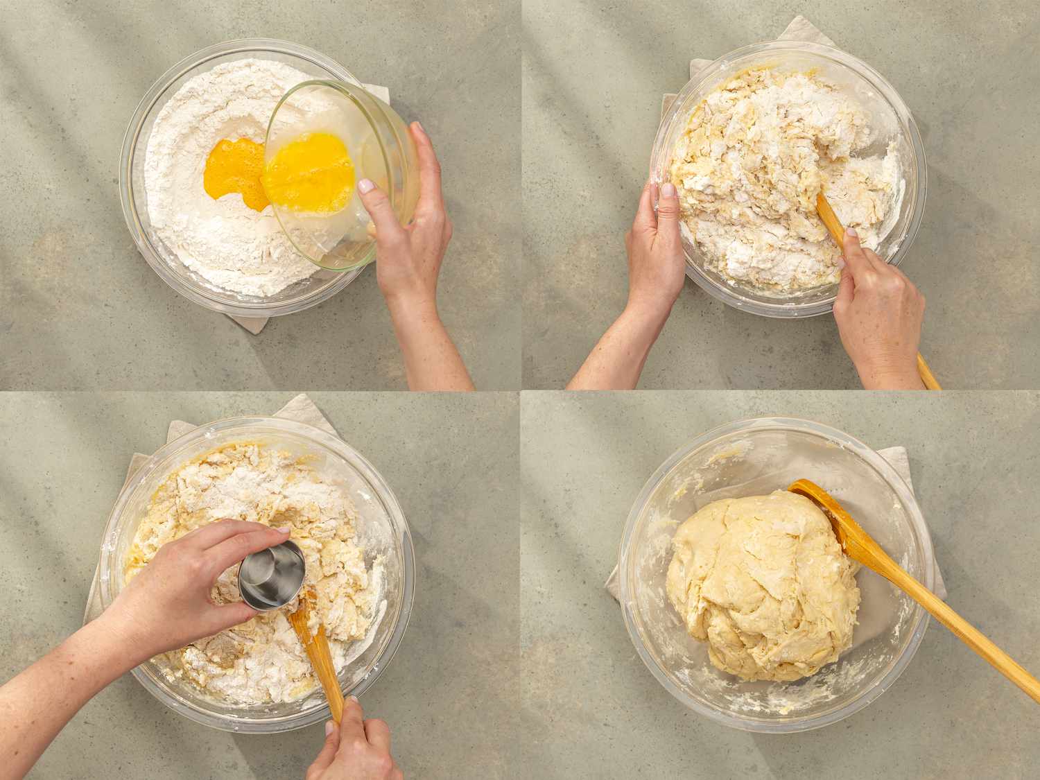Four image collage of overhead view of forming dough in bowl by adding eggs, oil and stirring