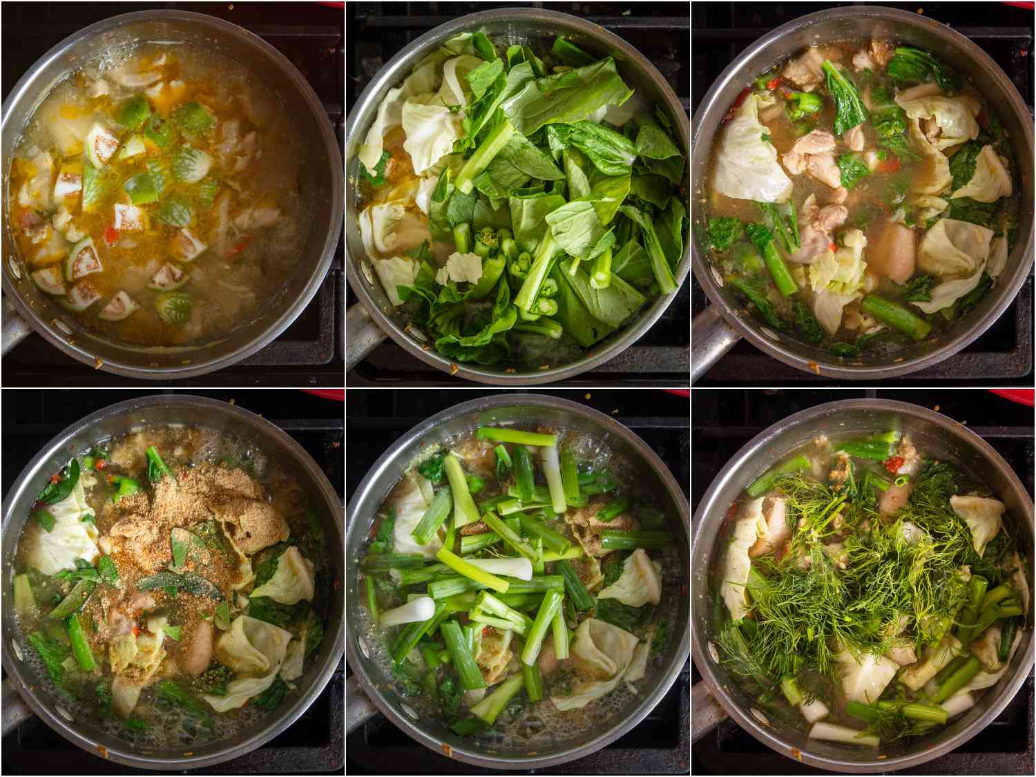 collage: vegetables added in stages to the pot