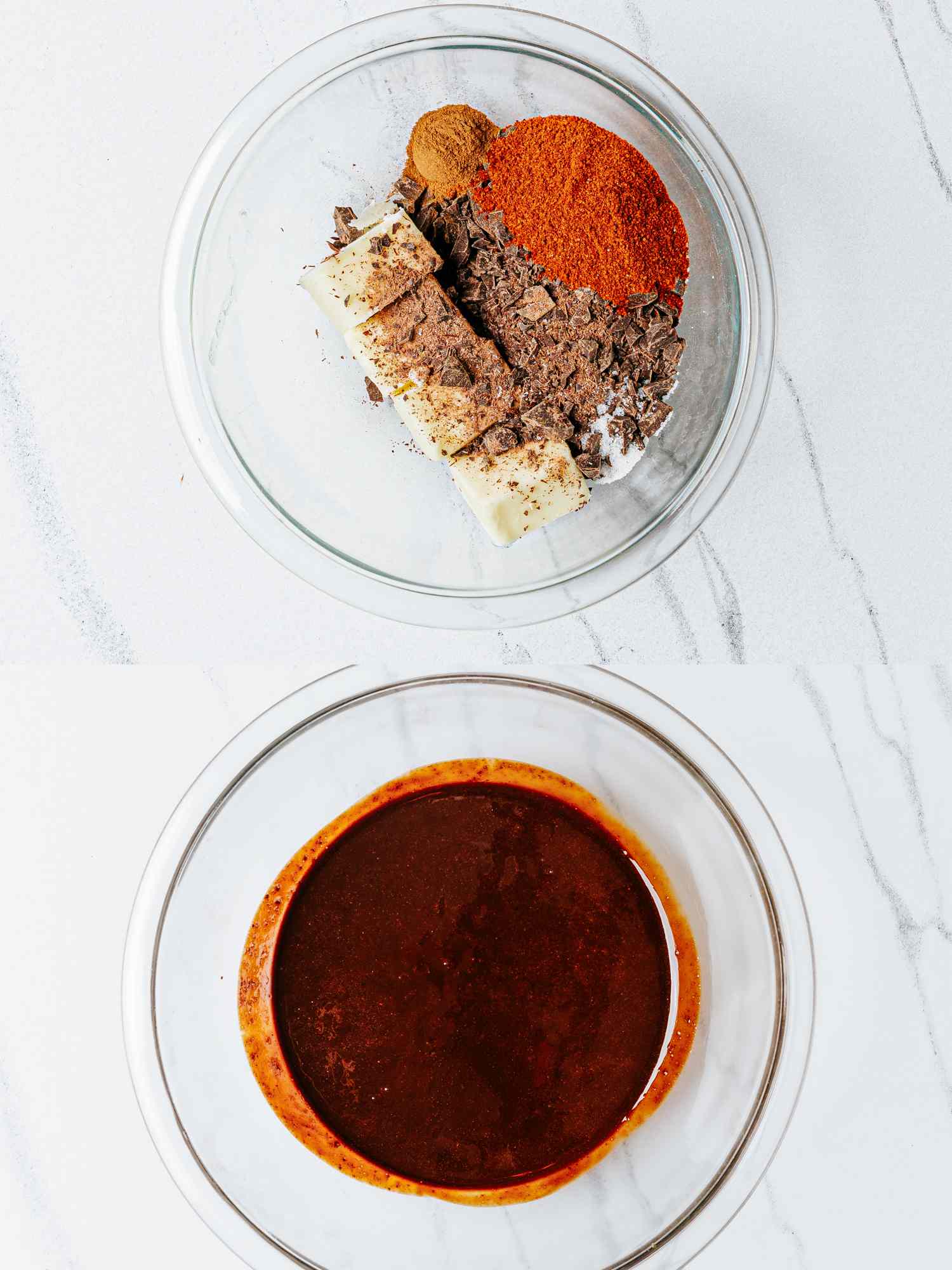 Twostep process for making brownies unmixed ingredients and the mixed batter in glass bowls