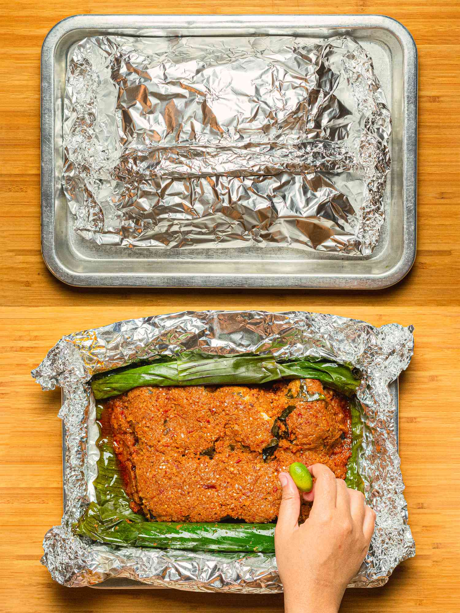Two image collage of banana leaf envelope wrapped in aluminum foil and then squeezing lime over cooked stingrays