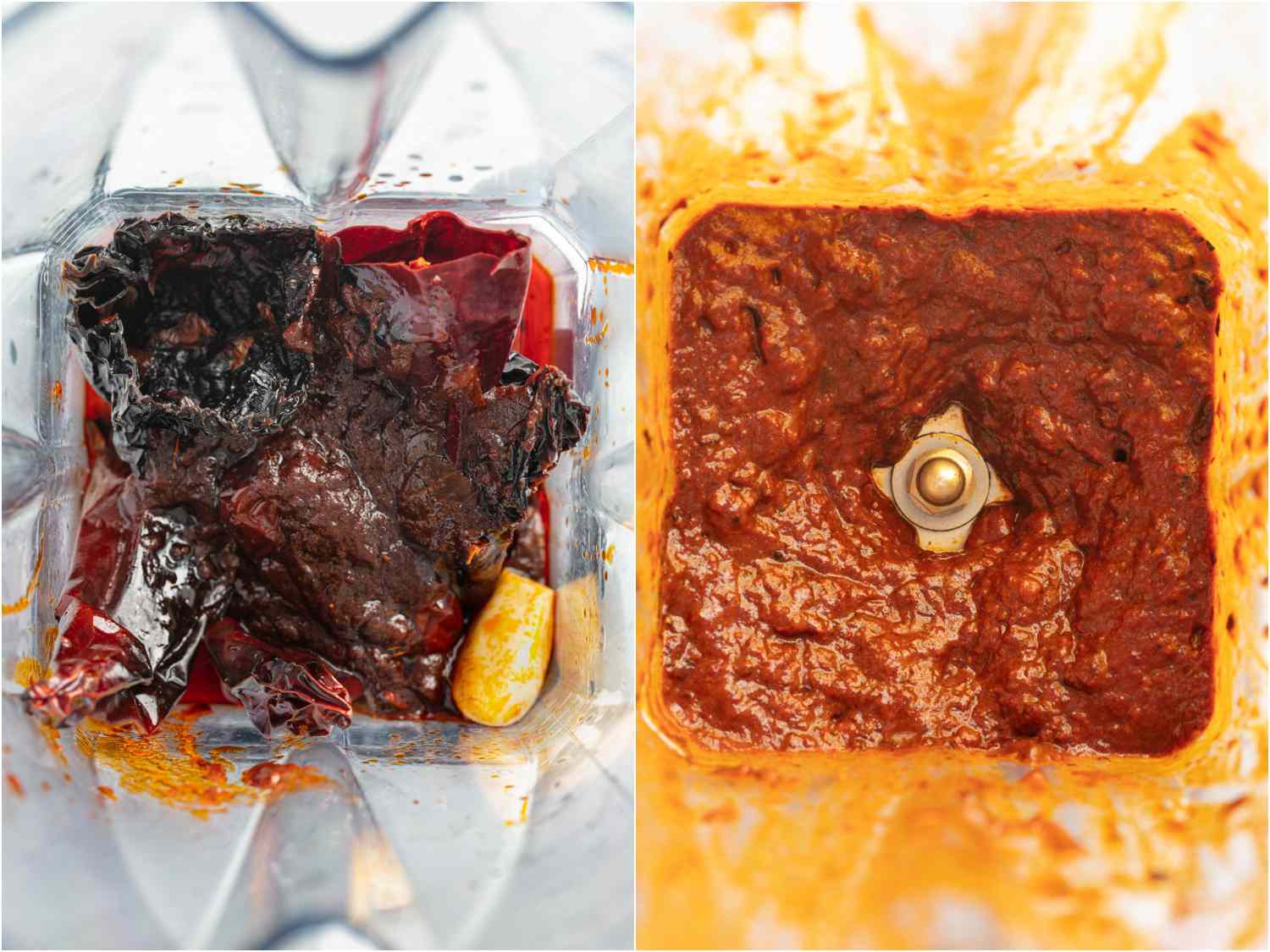 Before and after of cooked chile mixture processed in blender