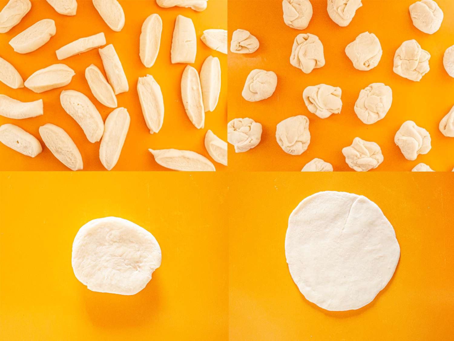 Four Image Collage. Clockwise from upper left: dough cut into small slabs; dough bunched into rough balls; dough smoothed into a small bowl; dough rolled out to a flat disc