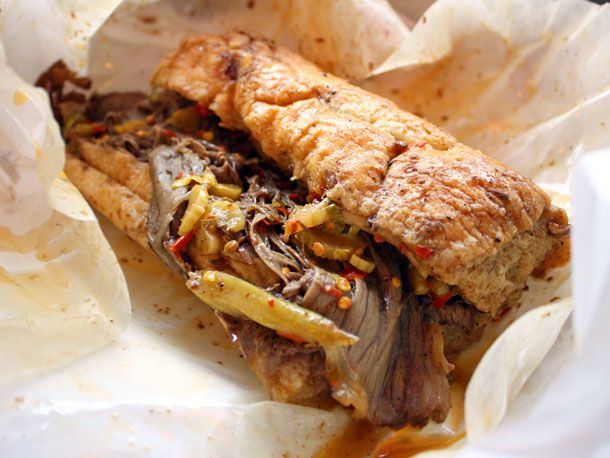 A dipped Italian beef from Al's. The slices of beef are pretty thin.