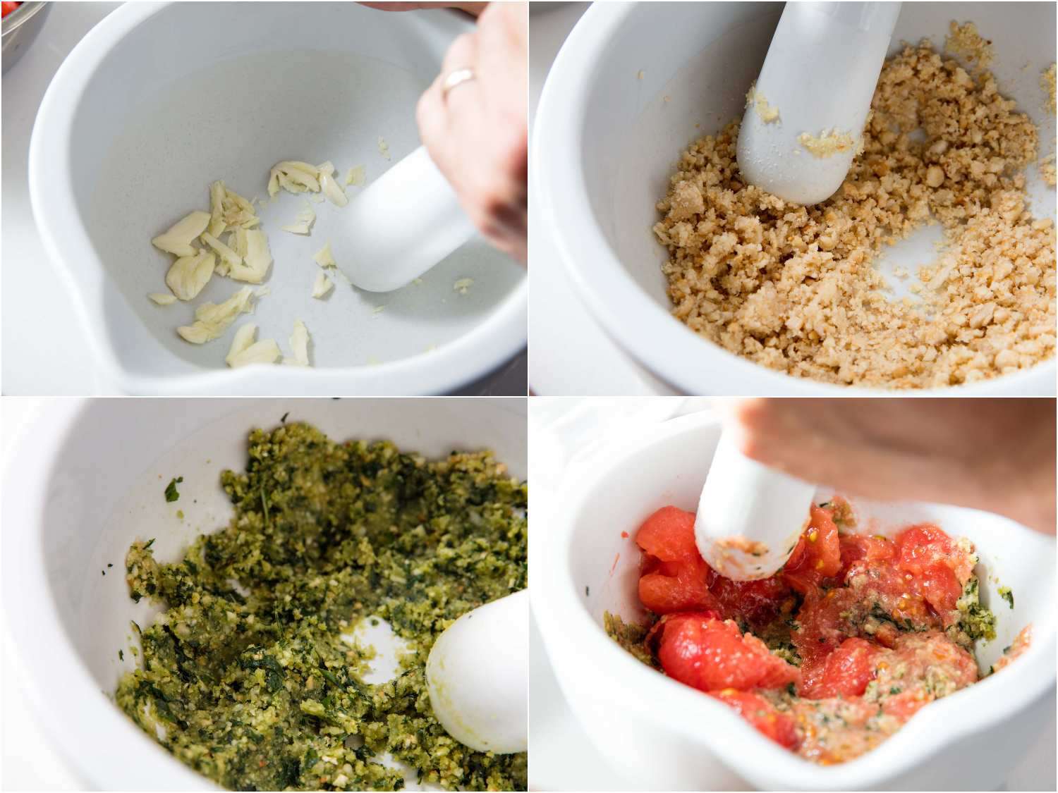 A 4-image collage of pounding ingredients for Pesto alla Trapanese in a mortar: garlic and salt, almonds, basil and mint, and tomatoes. 