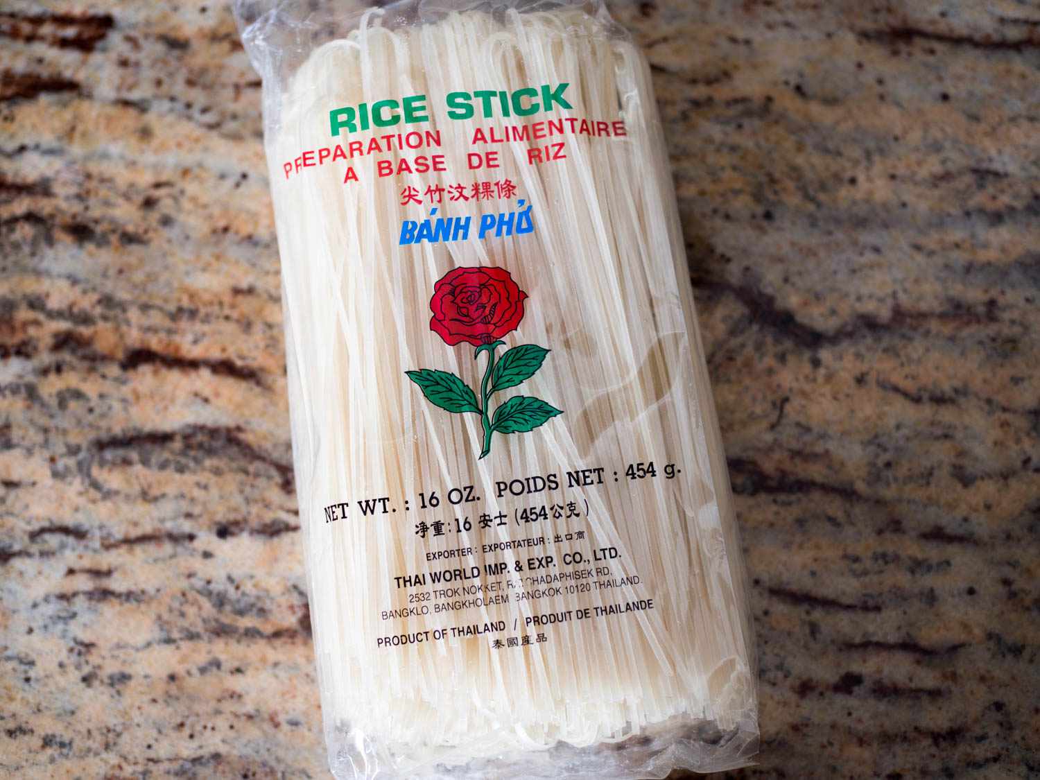 Closeup of a 16-ounce package of rice stick noodles.