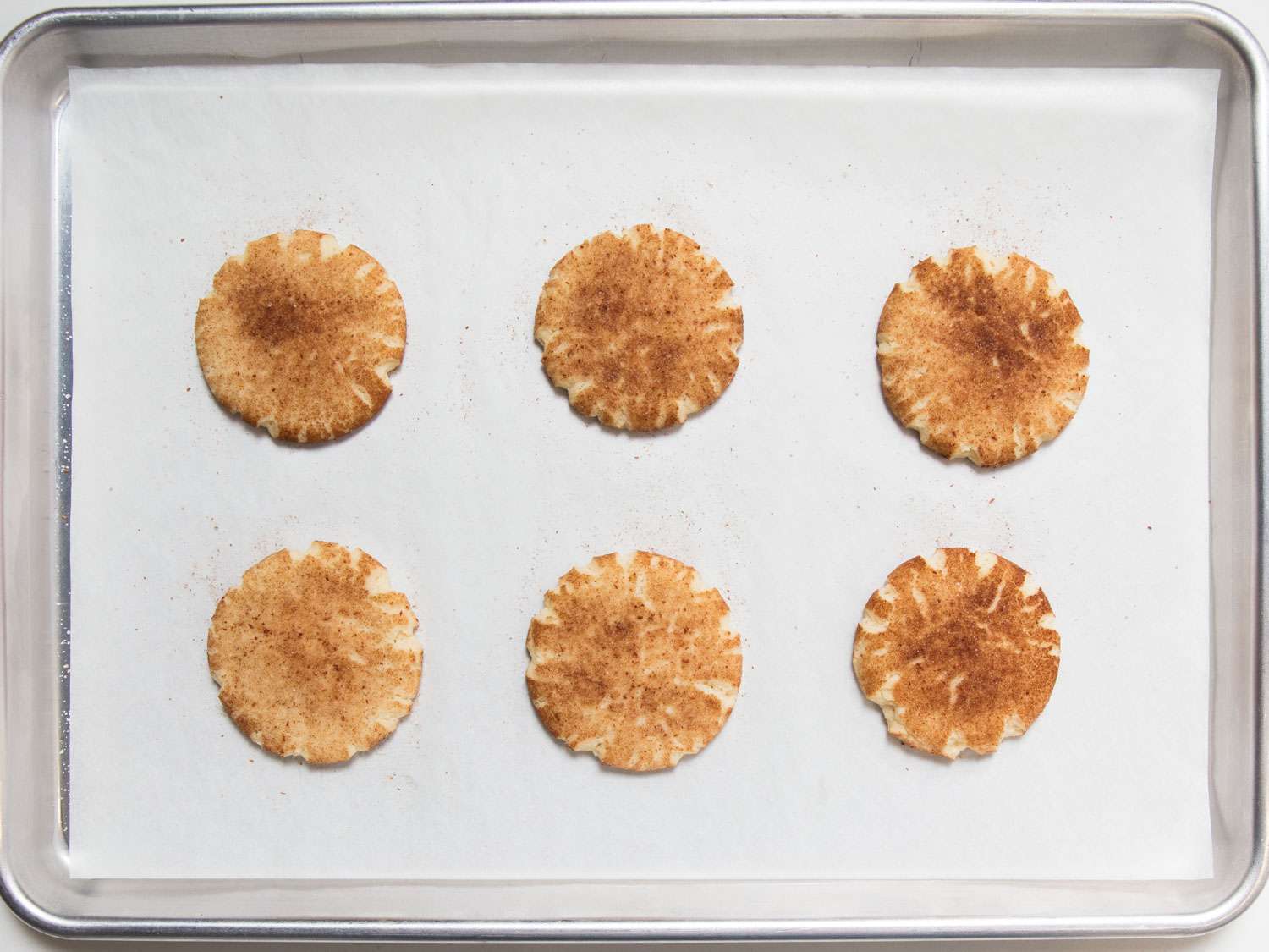 Freshly baked snickerdoodle cookies on a baking sheet.