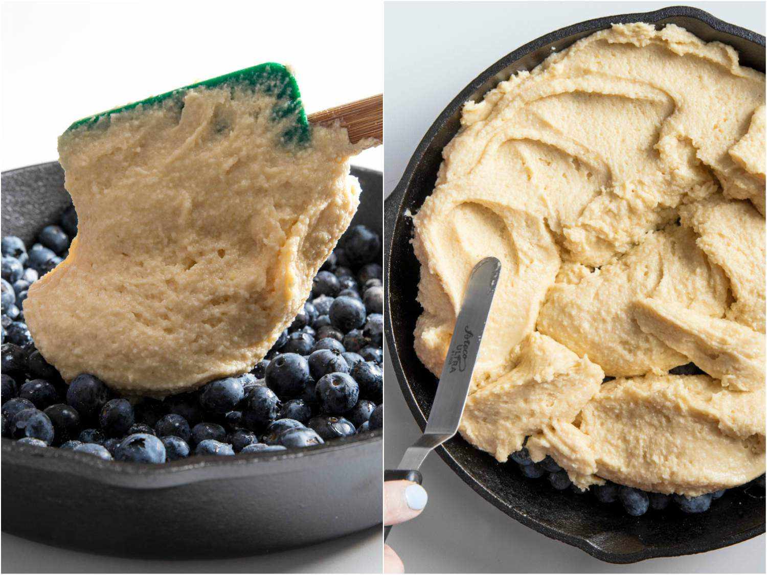 Side by side images of batter being dolloped on top of and then smoothed over the blueberries.