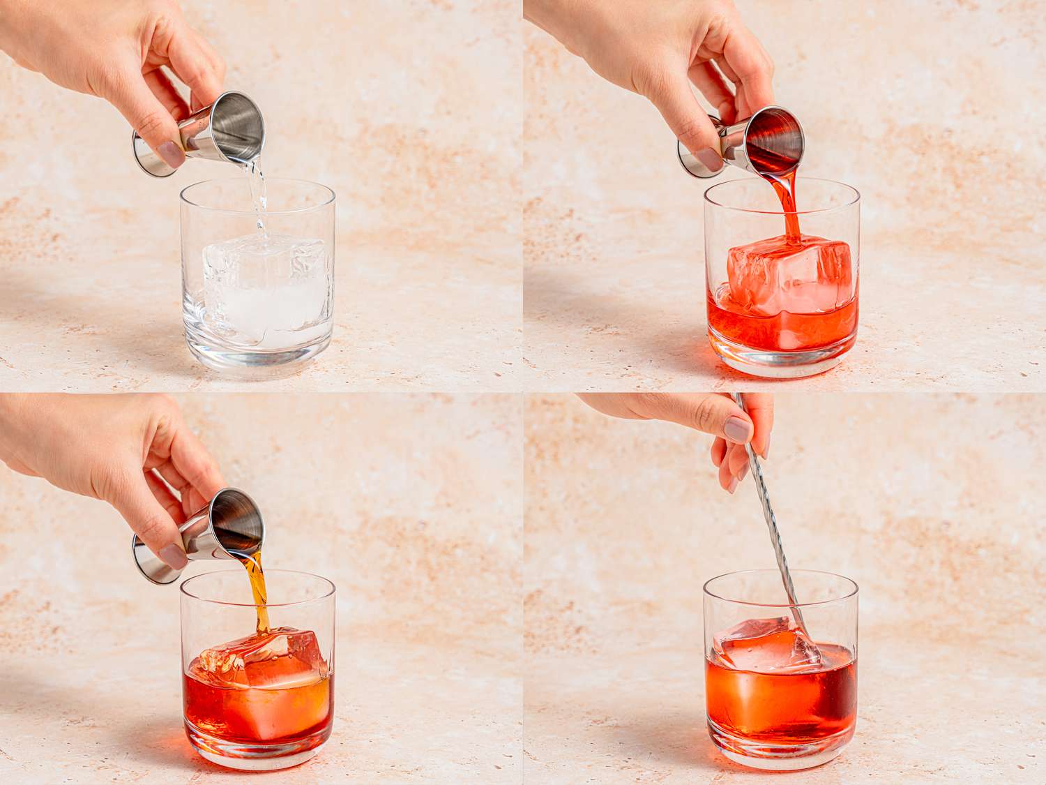 Four photos showing how to make a Negroni cocktail on the rocks. The first photo shows a hand pouring gin into an old-fashioned glass with a large ice cube. The second photo shows a hand pouring Campari into the old-fashioned glass. The third shows a hand pouring sweet Vermouth into the old-fashioned glass. The fourth and final photo shows a hand stirring the Negroni with a long spoon.